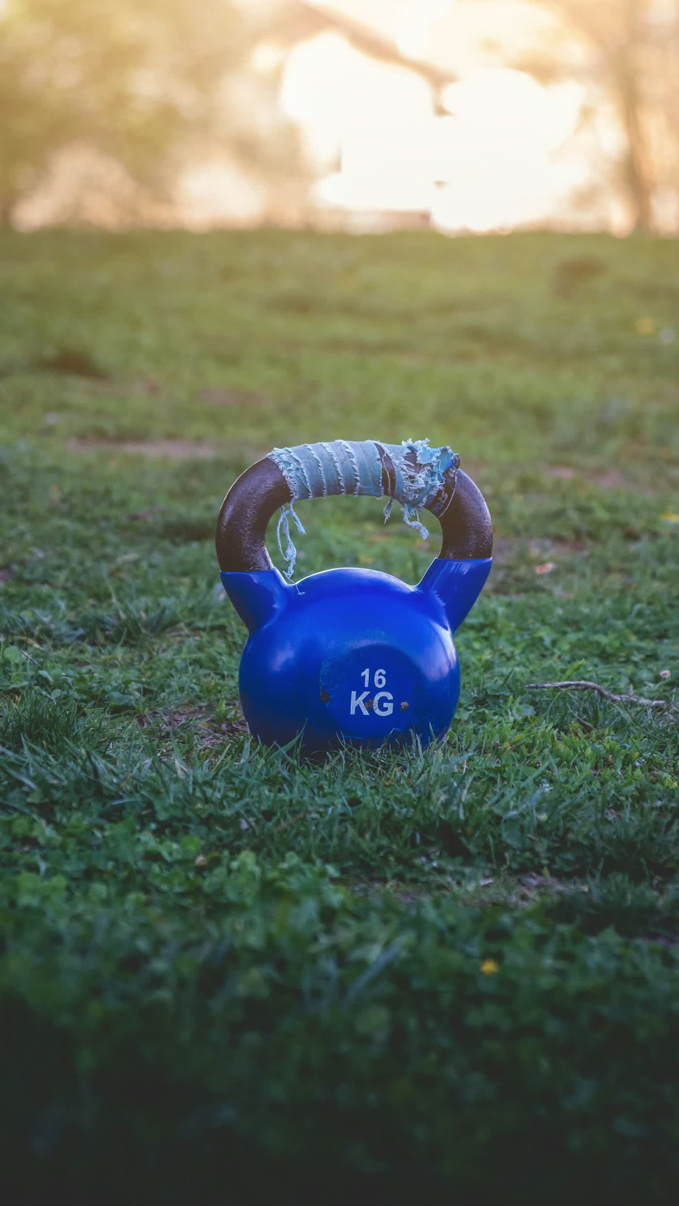 A kettlebell on grass in an outdoor gym